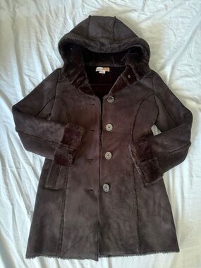 Kids Black Hooded Shearling Coat